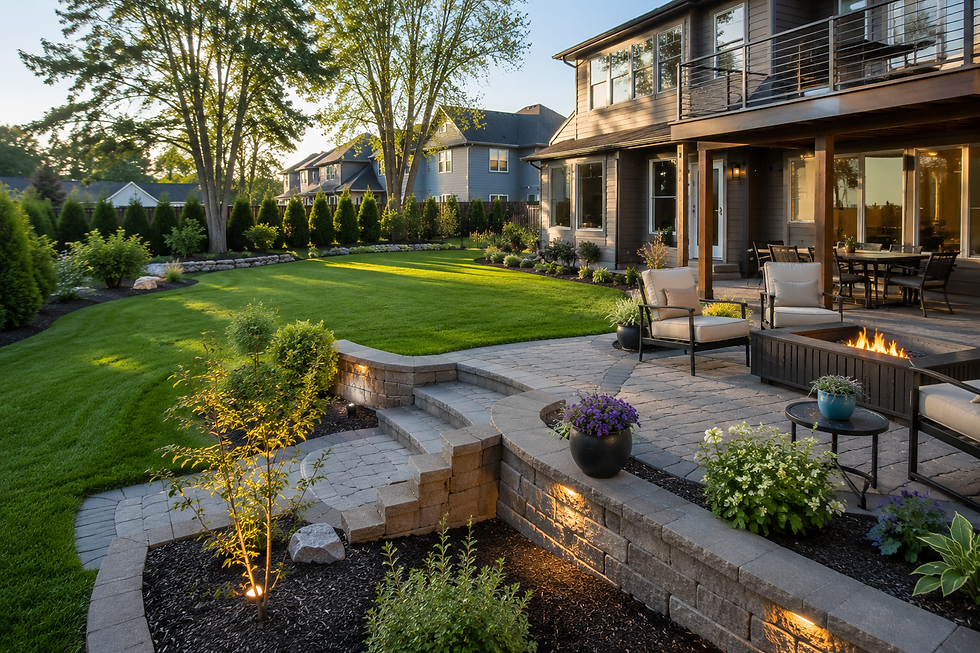 Complete backyard renovation in Rochester, Minnesota with paver patio, retaining wall, fresh sod, and professionally landscaped outdoor living area.