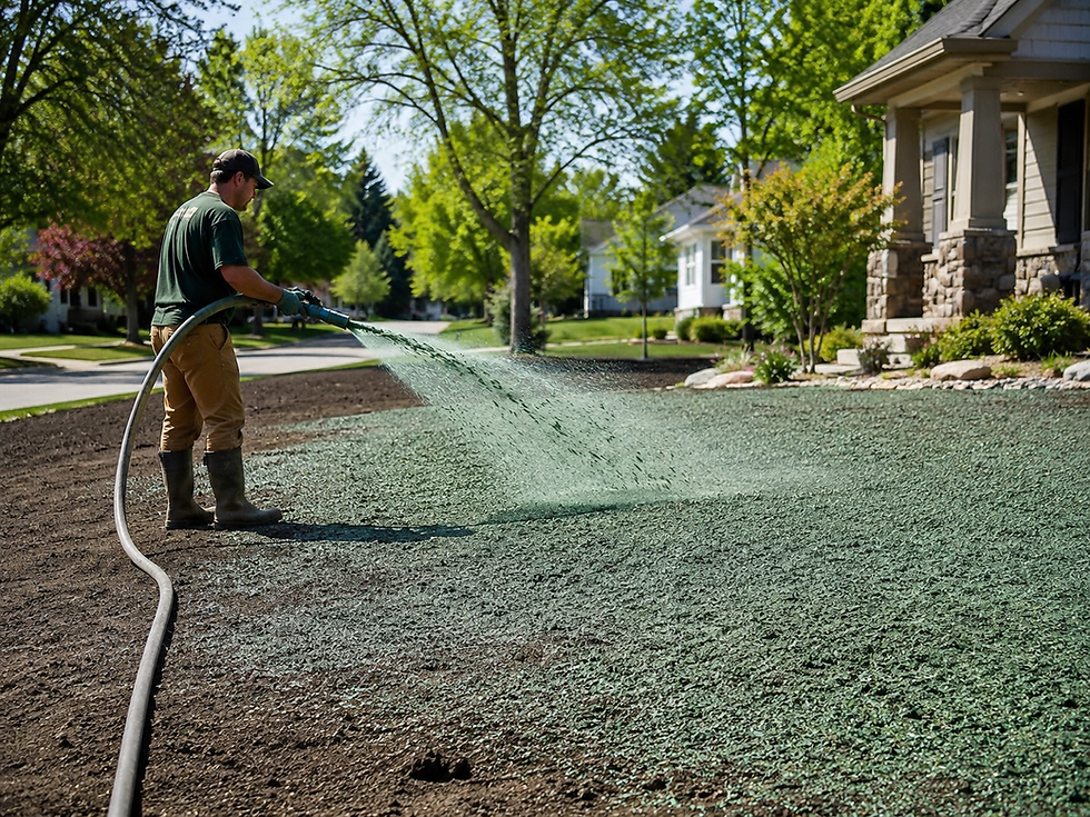 Professional hydroseeding project in Minneapolis, Minnesota showing a landscaper spraying hydroseed mixture across a freshly graded suburban lawn.
