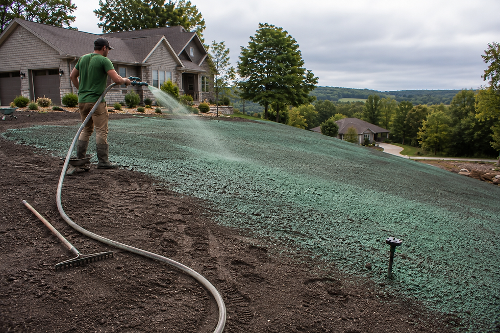 Hydroseed in August in Decorah IA being applied to a freshly graded residential lawn during the ideal late-summer seeding season.