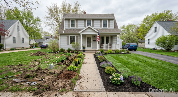 Split-view residential yard in Rochester MN showing DIY landscaping in progress versus professionally completed lawn installation with sod, grading, and edging.