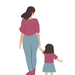 Ilustração minimalista de uma mulher de costas segurando a mão de uma criança, ambas vestindo roupas em tons de rosa e azul.