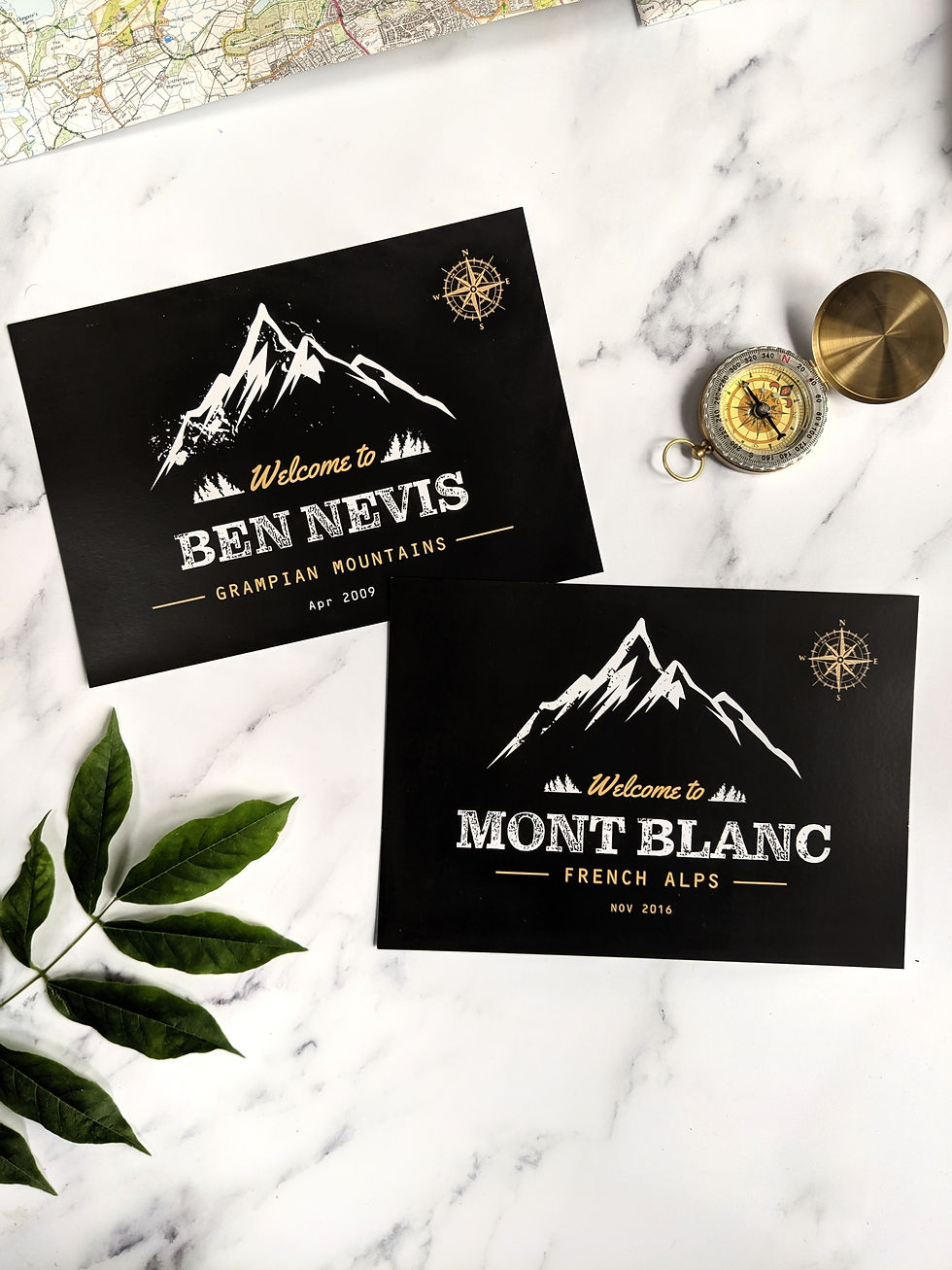 Travel themed wedding table name cards. Mountain range table numbers. Ben Nevis & Mont Blanc