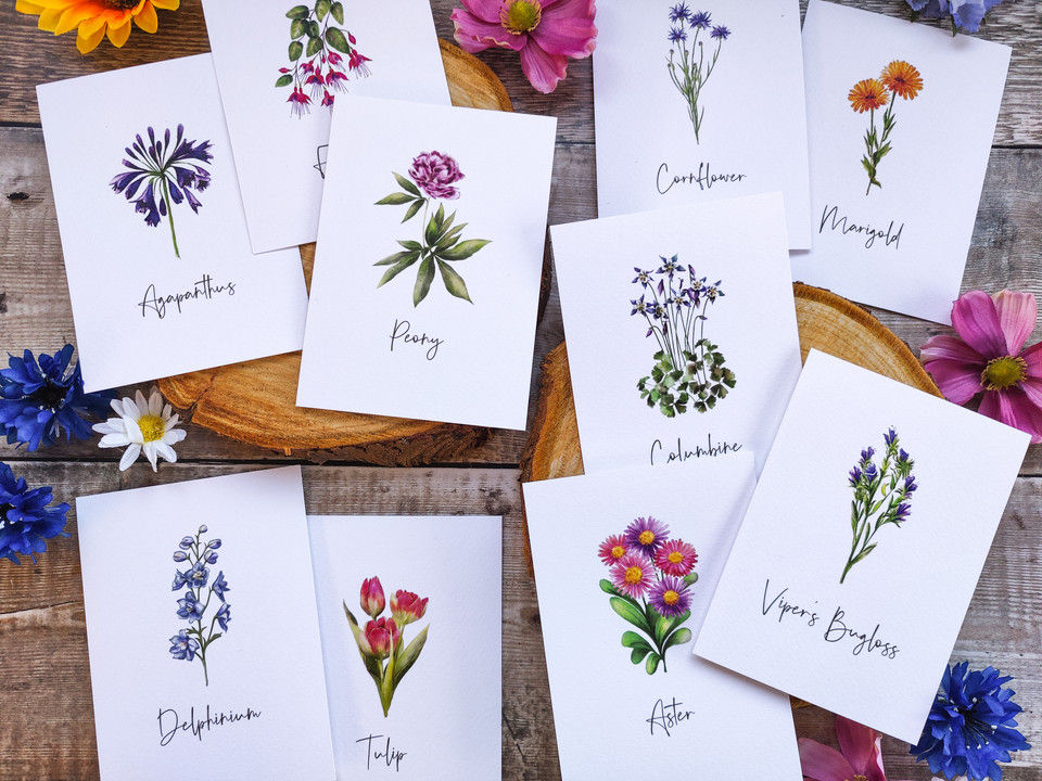Wedding table name cards - Wildflowers painted with watercolours 