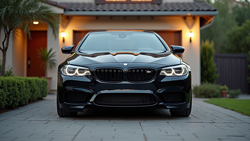 Eye-level view of a shiny black car parked outside a residential driveway