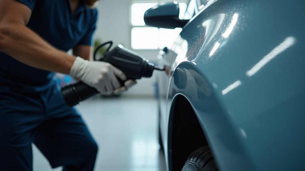 Eye-level view of a mobile detailing technician applying ceramic coating to a car door