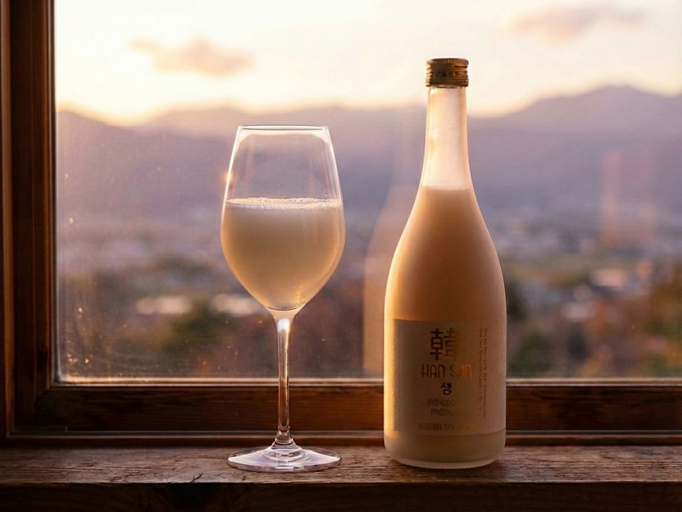 夕暮れの窓辺で、富士山を背景にワイングラスで楽しむ発酵中の韓さん生マッコリ