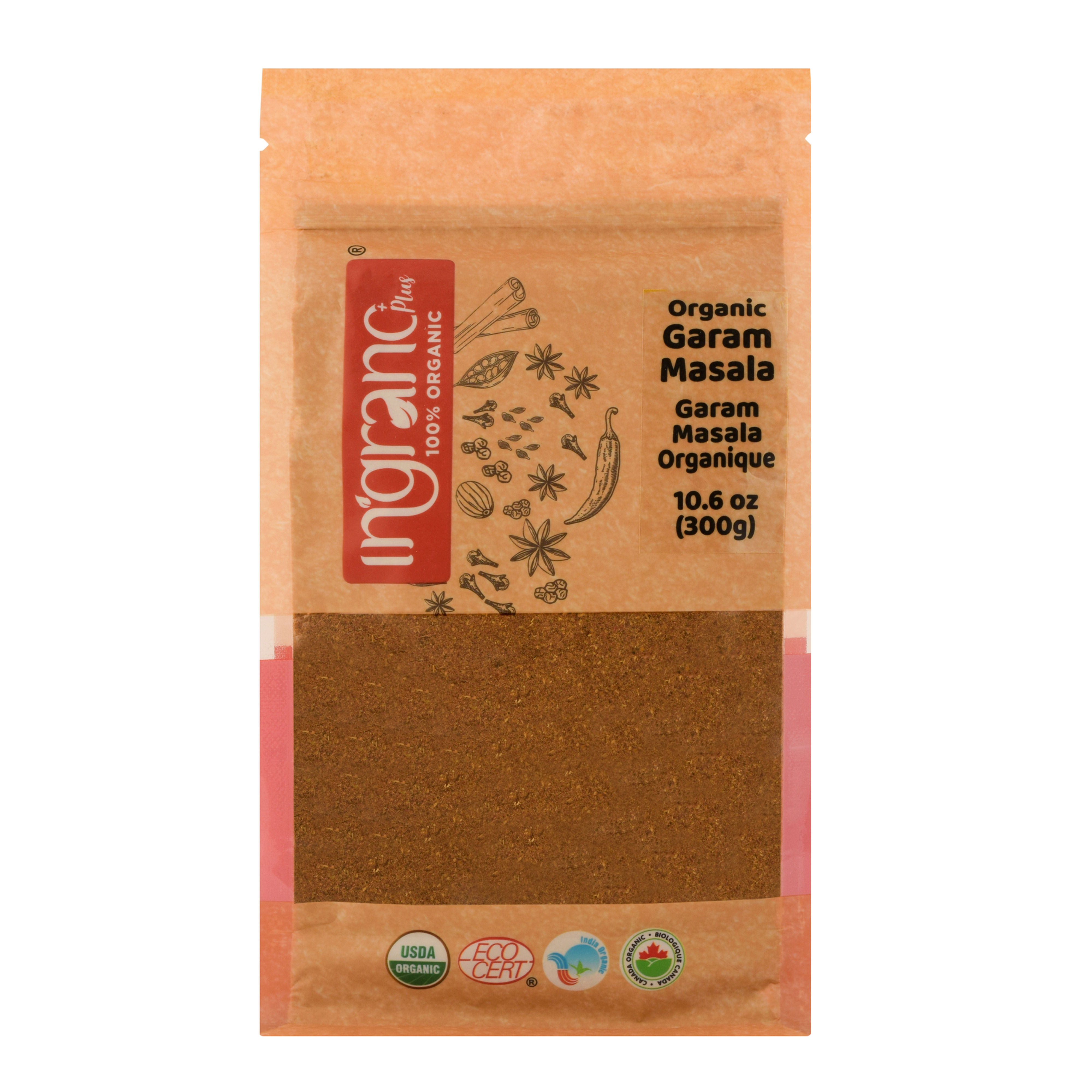 Ingrano Organic Garam Masala - Front View of Packaging Showing Brand Logo, Product Name, and Garam Masala