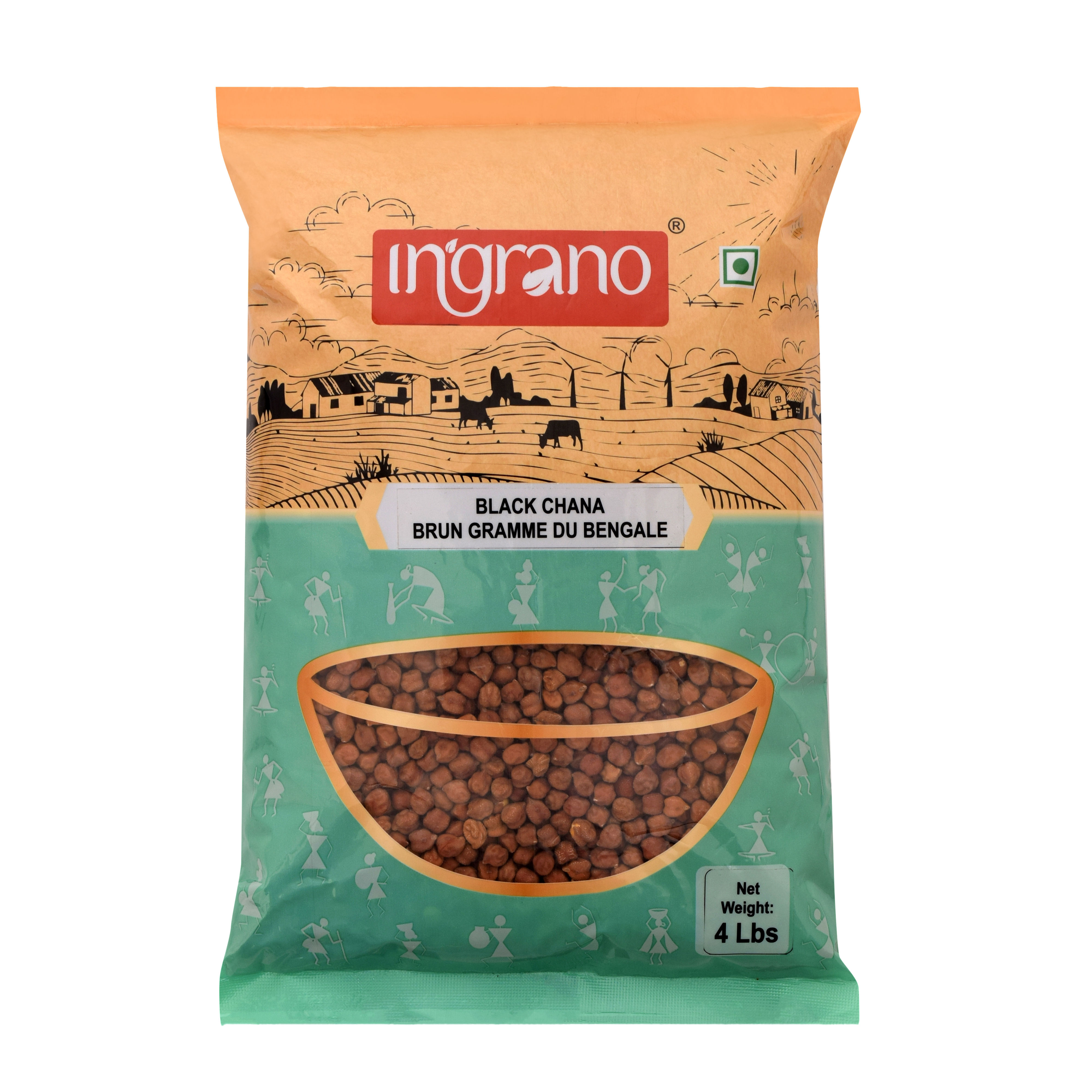 Ingrano Black Chana 4 lbs - Front View of Packaging Showing Brand Logo, Product Name, and Bowl of Black Chickpea