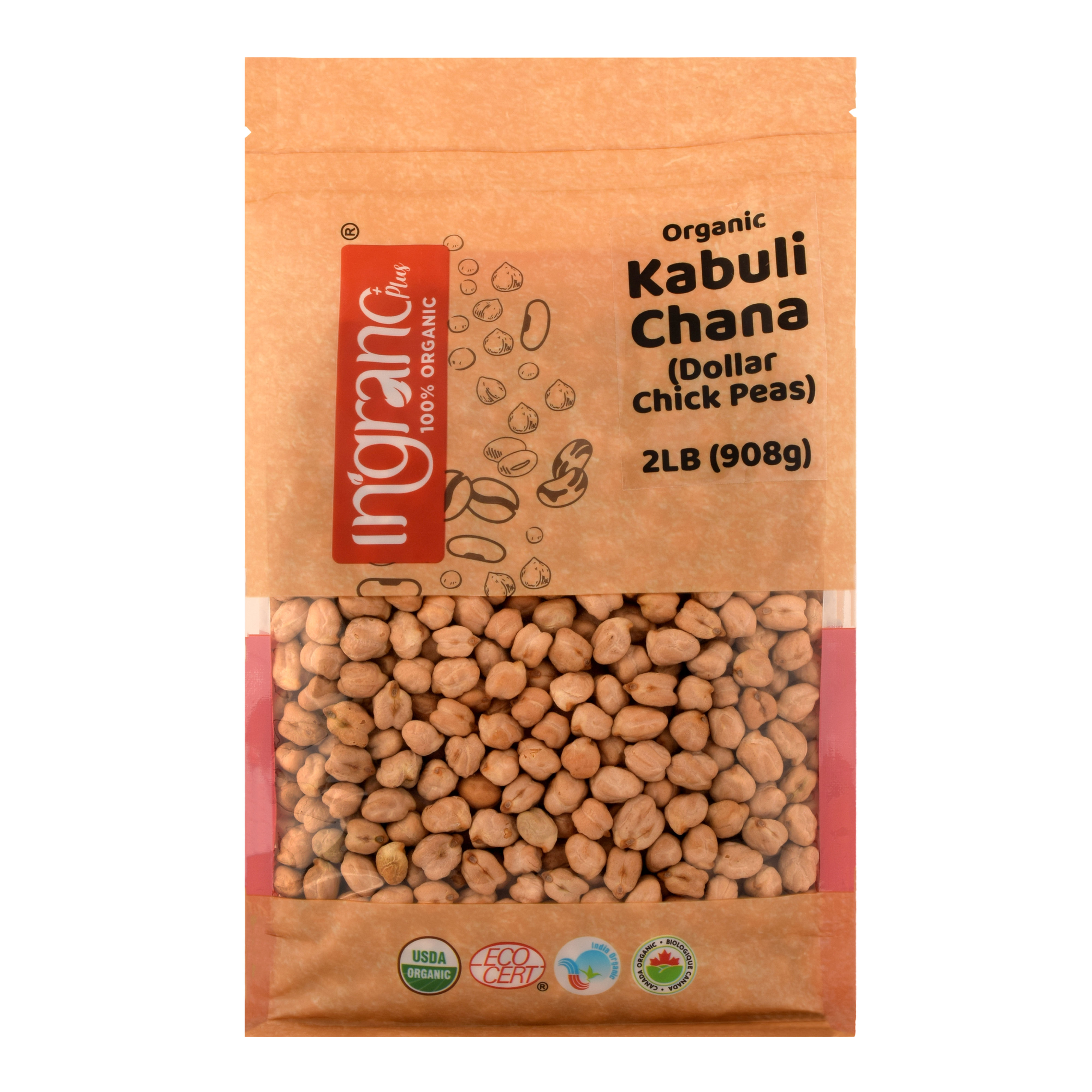 Ingrano Kabuli Chana - Front View of Packaging Showing Brand Logo, Product Name, and Product Size