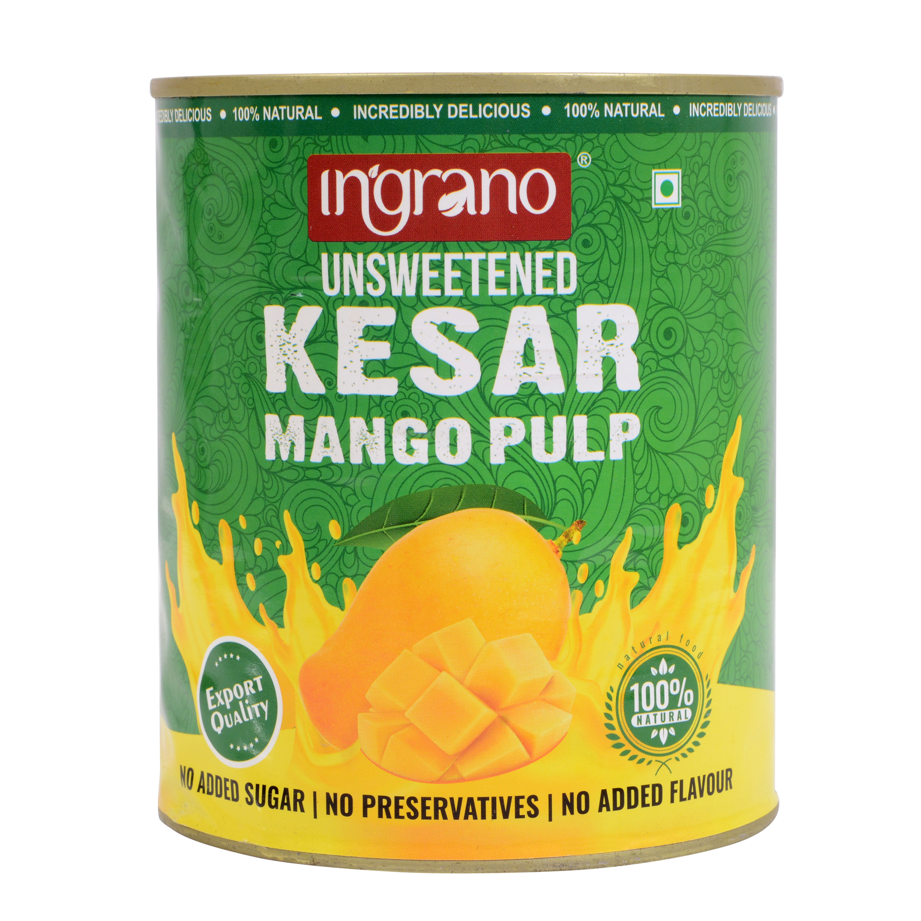 Ingrano Unsweetened Kesar Mango Pulp – Front View of 850g Can Featuring Mango Illustration, No Added Sugar, and 100% Natural