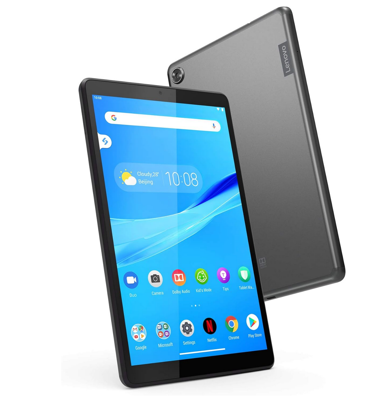 Lenovo M8 Tab Front and Rear view showing its slim body