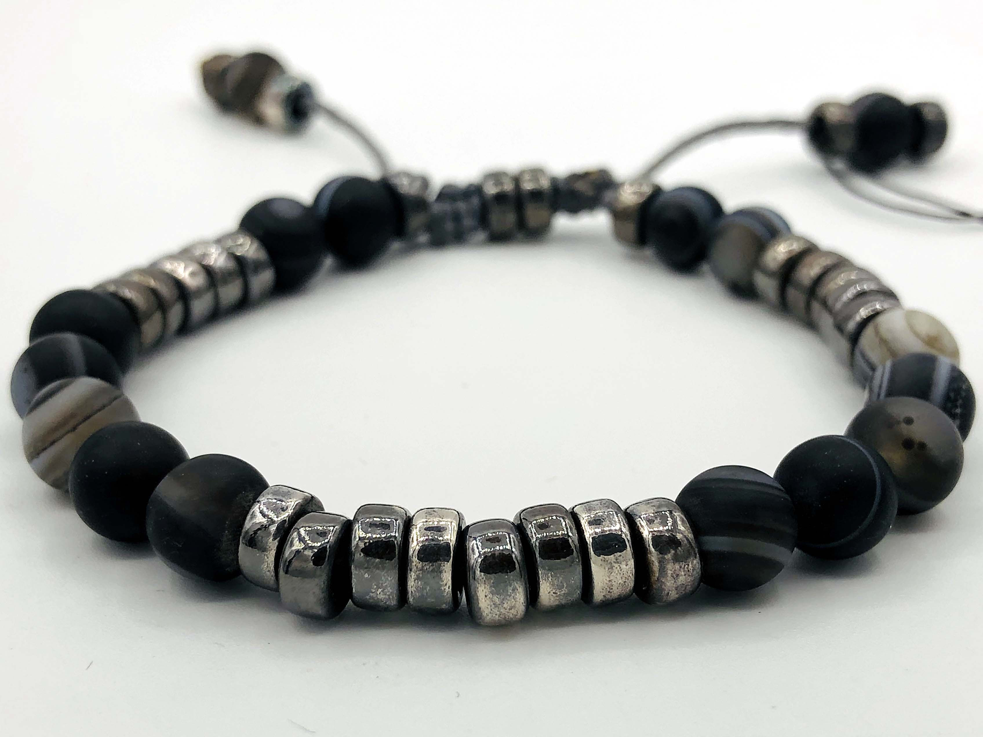 Striped Black Agate and Burnished Silver Bracelet - 8mm beads