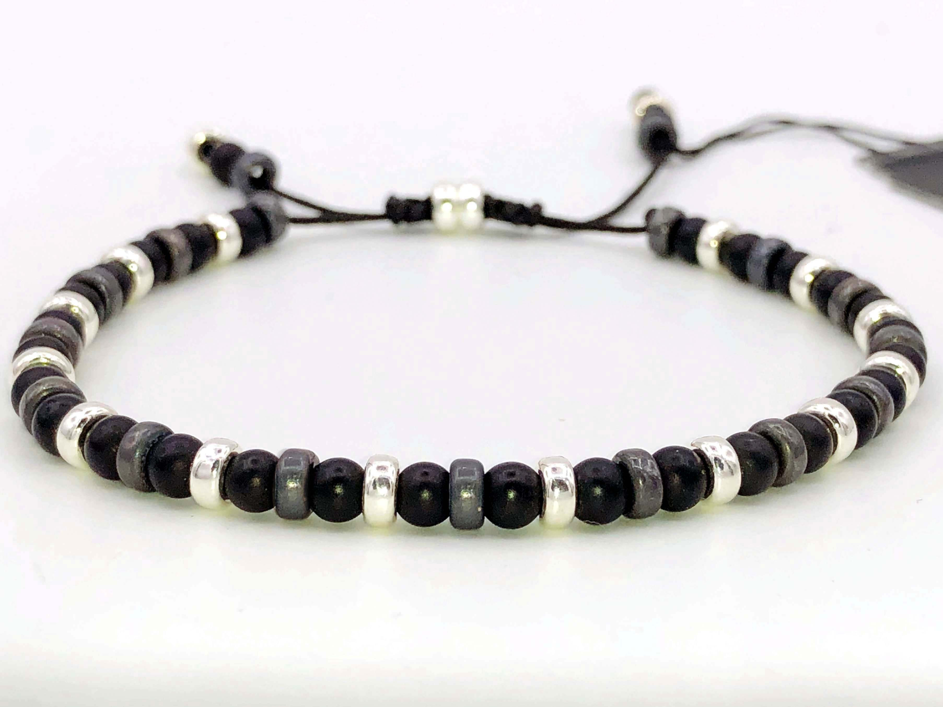 Black Agate, Burnished and Shiny Silver Bracelet