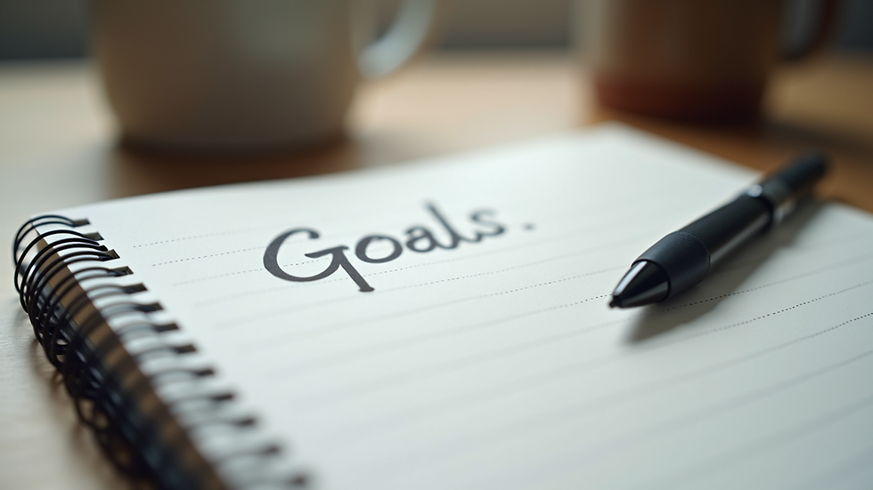 Close-up view of a notebook with handwritten goals and a pen