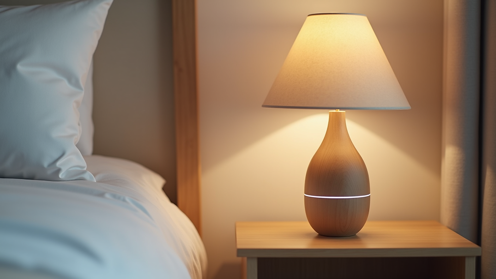 Close-up view of a bedside table with a diffuser emitting calming mist