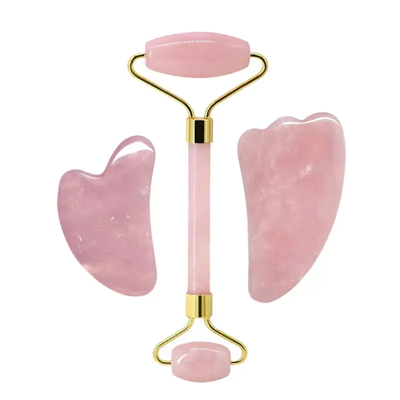 Thumbnail: Rose Quartz Face Jade Roller Massagers Guasha Set Gua Sha Tools