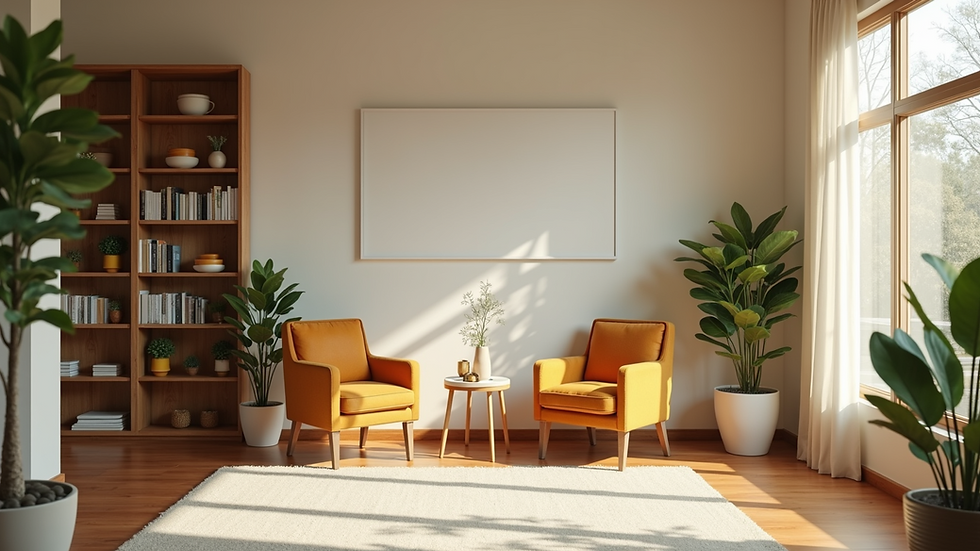 Eye-level view of a cozy holistic clinic reception area