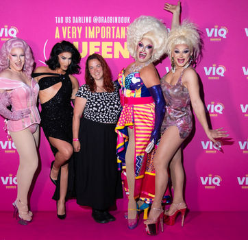 VIQ guests posing on the Drag Bingo UK pink carpet with Miss Demeanour, Tomara Thomas, Julia Dayama and Rye