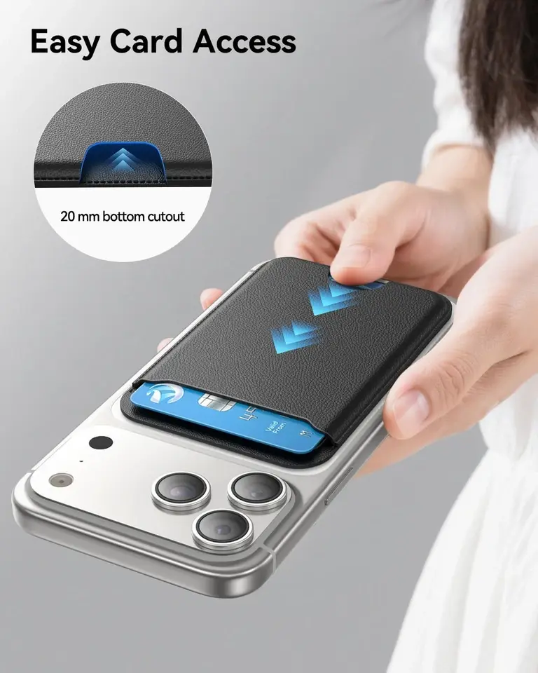 Using the bottom cutout to push a card out of the black TWZKG MagSafe wallet