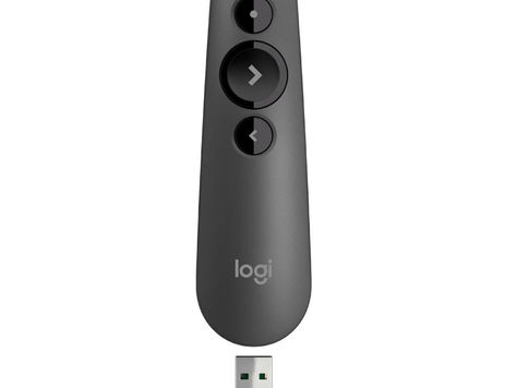 Gray Logitech R500s remote with three buttons and arrow symbols, labeled "logi." USB receiver below. Simple, modern design on a white background.
