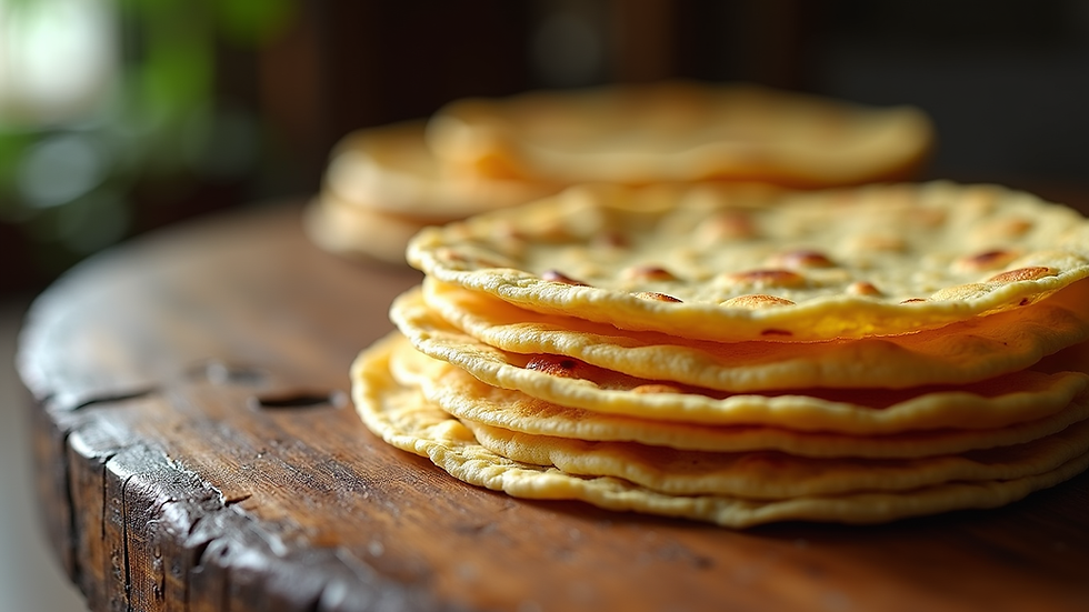 Close-up view of traditional Guatemalan maize tortillas on a rustic wooden table
