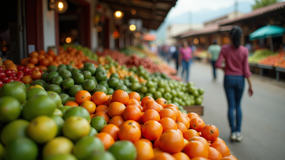 Vista panorámica de un mercado tradicional en Guatemala con variedad de frutas y verduras