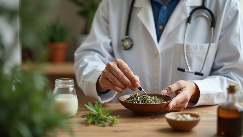 Close-up view of a naturopathic doctor preparing herbal remedies