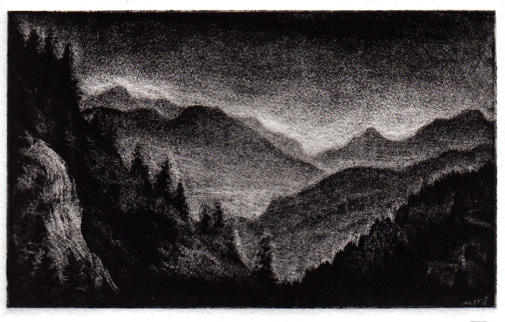 Mezzotint landscape with pine trees in foreground and mountains in distance
