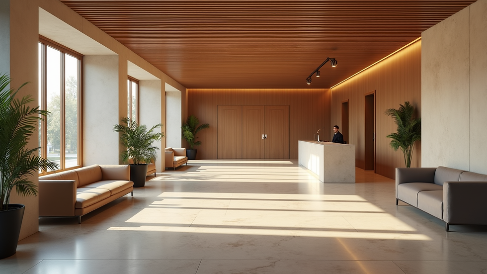 Wide angle view of a hotel lobby with a shuttle service desk and seating area