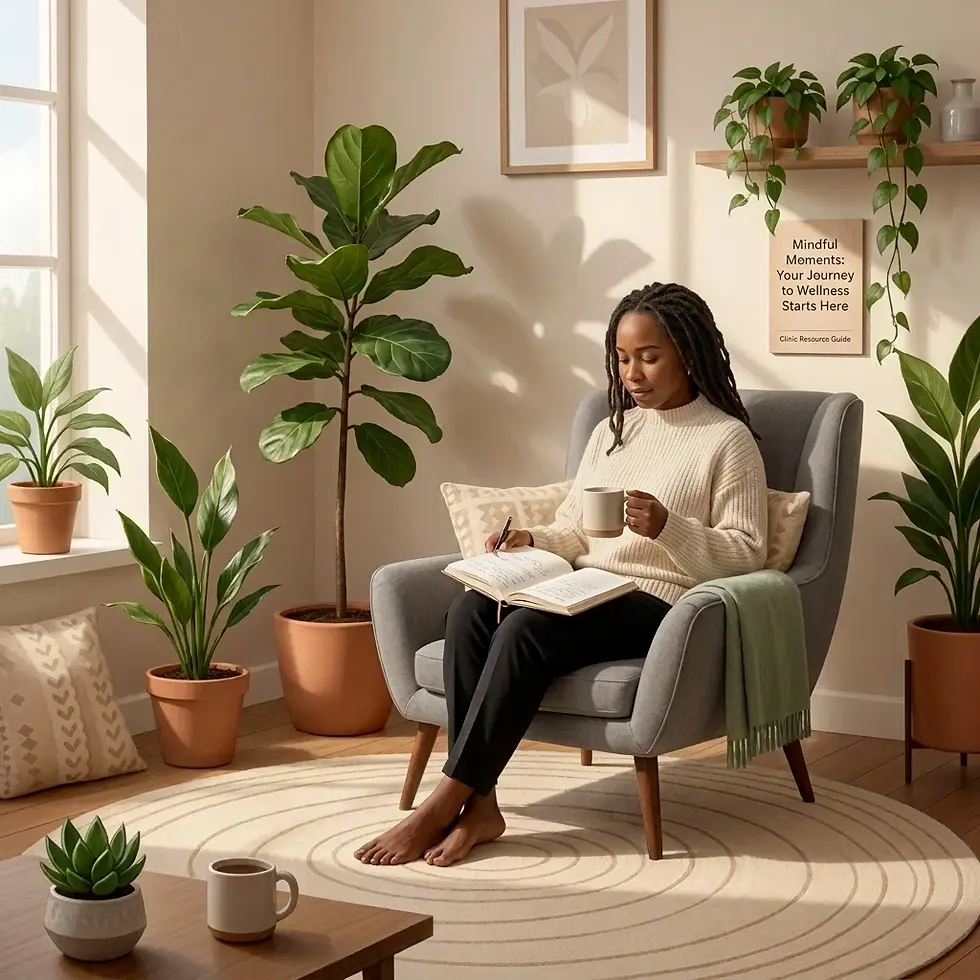 Digital illustration of a woman seated in a comfortable armchair, reading a book and holding a mug. The sunlit room is decorated with multiple indoor plants, conveying a sense of calm and well-being.