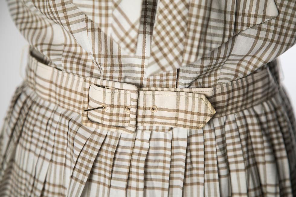 Thumbnail: 1950s White and Tan Plaid Shirt Dress - Large