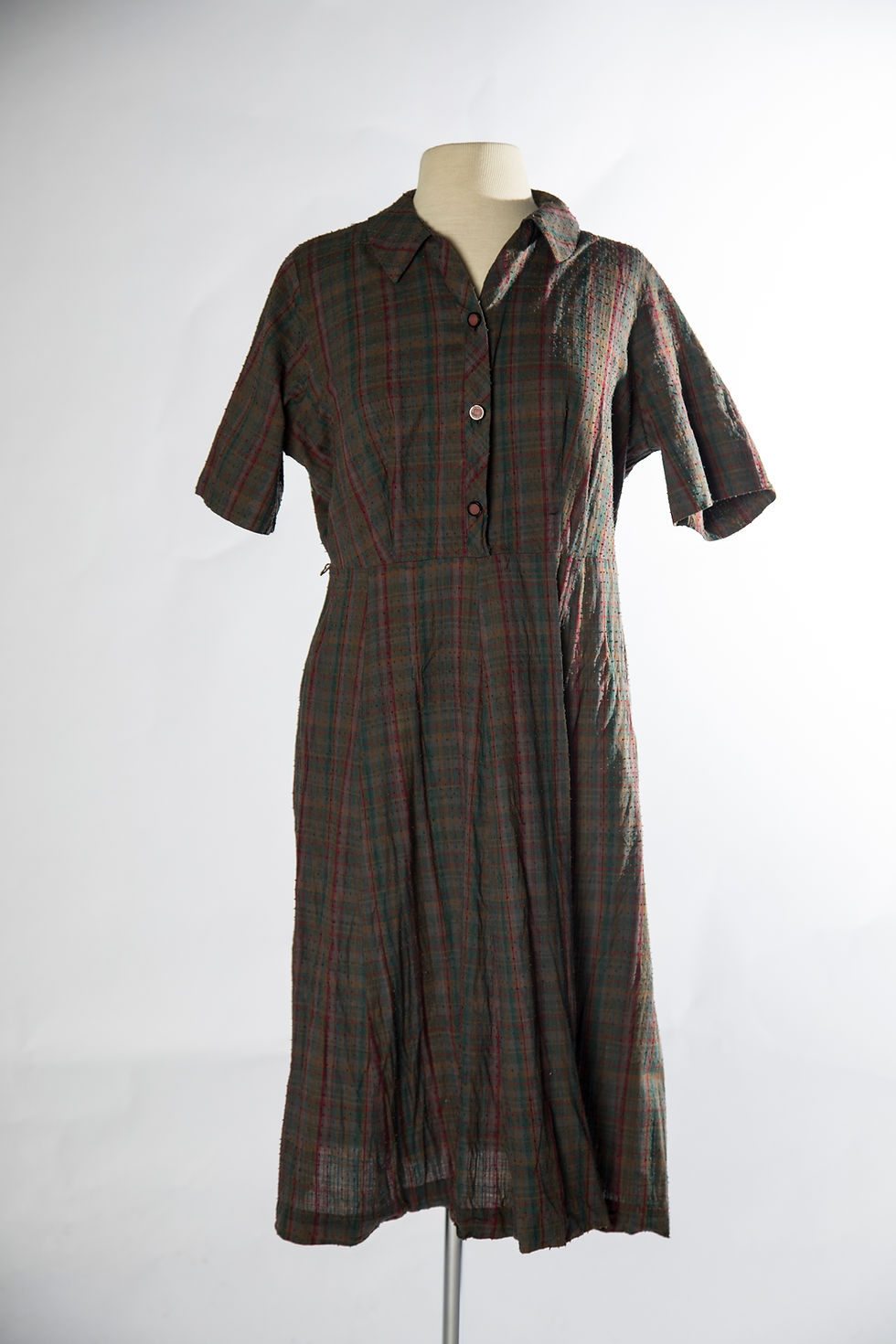 Thumbnail: 1950s Brown Red Green Plaid Shirt Dress - Large