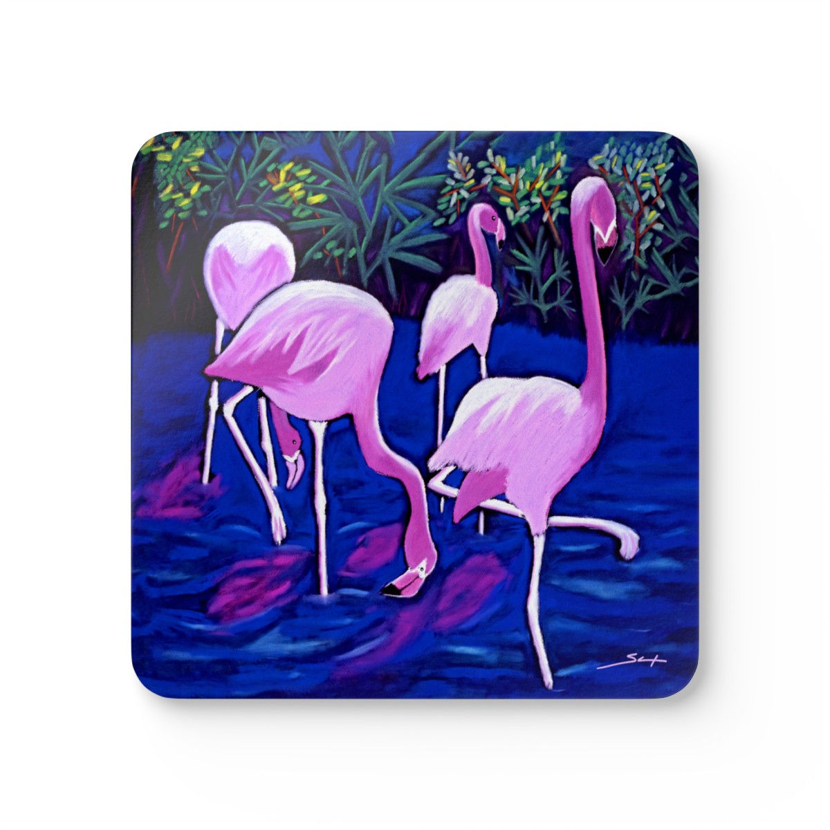 Pink Flamingos Corkwood Coaster Set