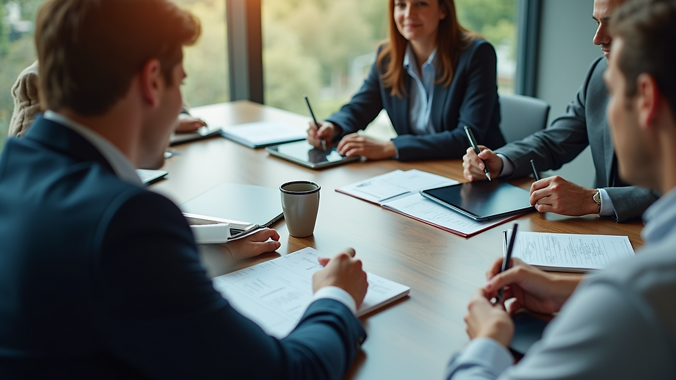 High angle view of a business meeting with technology devices on the table