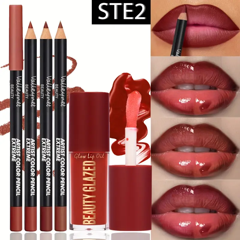 Miniatura: 4pcs Lip Kit Set-3pcs Lip Liner+1pc Lip Glaze, Waterproof&Long-Lasting Matte Eff