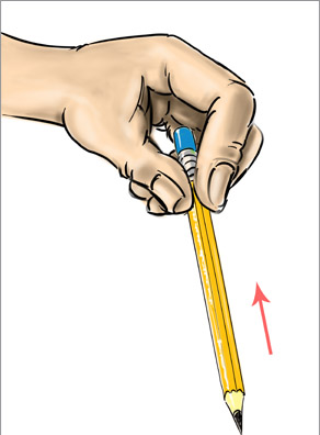 Hand holding a yellow pencil with an arrow pointing upwards, education concept.