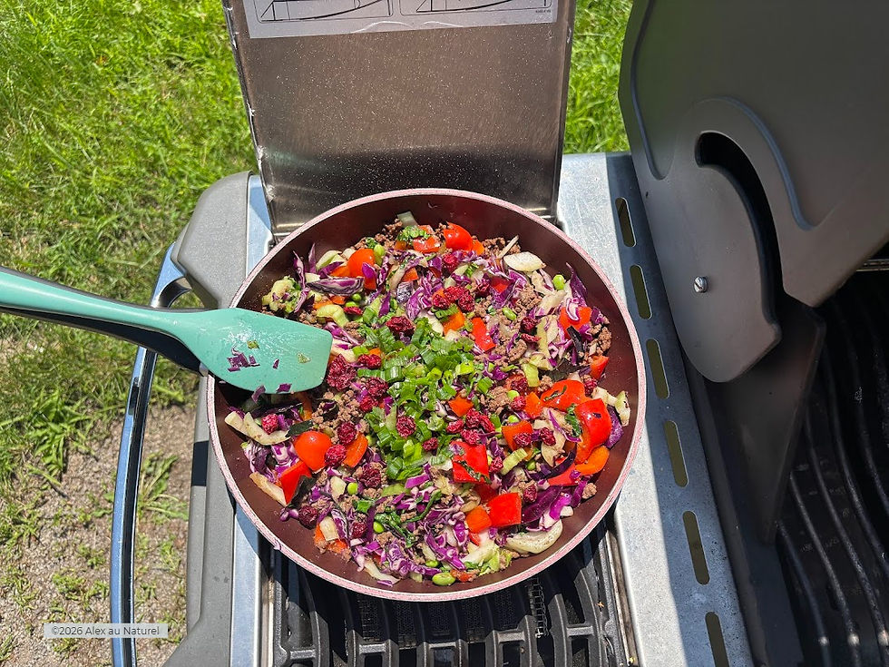 Préparation du mélange de bœuf épicé aux légumes et canneberges séchées dans une poêle, sur le barbecue