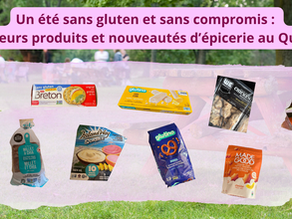 Photo héro de l'article sans gluten épicerie Québec été 2026 : plusieurs emballages de produits sans gluten certifiés (craquelins Breton, gaufrettes Glutino citron, bretzels Glutino, pain millet et chia, craquelins MadeGood) disposés sur fond rose, avec un parc verdoyant en arrière-plan.
