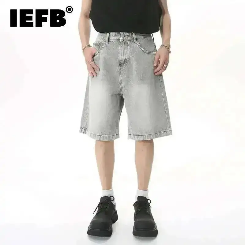 IEFB Summer Men's Casual Jeans Shorts Loose Mid High Waist Fashion Knee Lenght