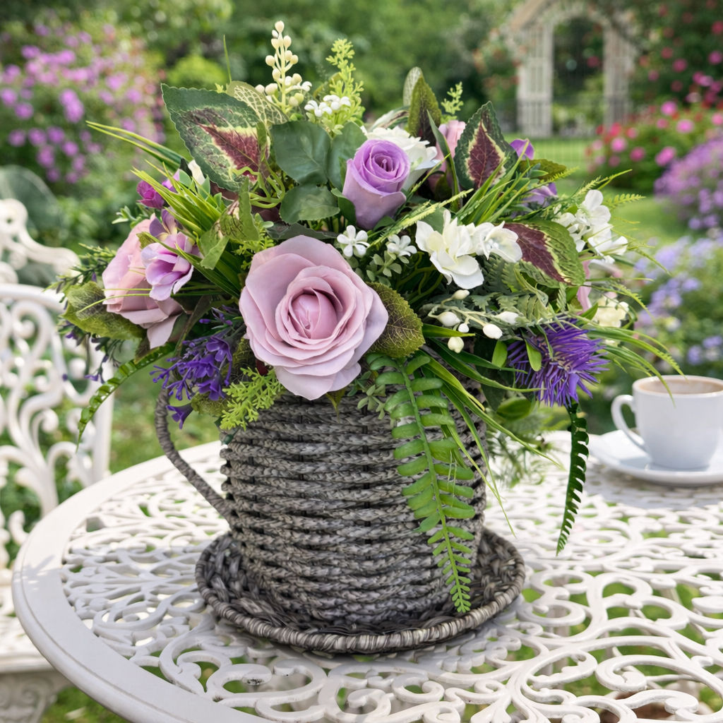 Grey Rattan Tea Cup and Saucer with Artificial Arrangement 