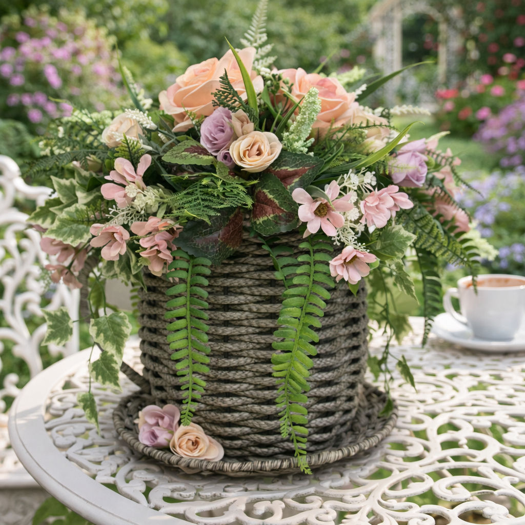 Grey rattan cup and saucer with artificial arrangement 