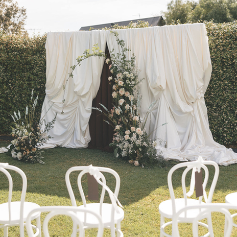 Wedding ceremony backdrop draped in cocoa and ivory fabric by The Fabric Alchemist - wedding at Greystone, Hunter Valley