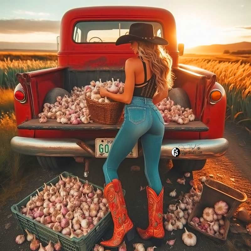 Red Boots, Red Truck. Garlic Harvest. Canvas Print.
