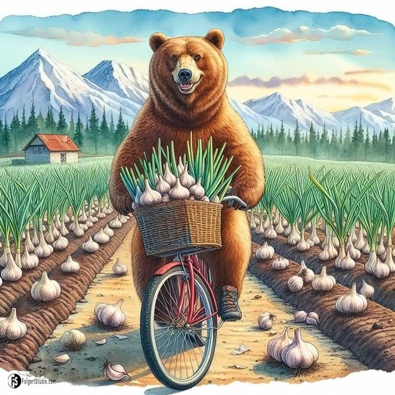 Bear, Bike, Garlic Basket. Canvas Print.