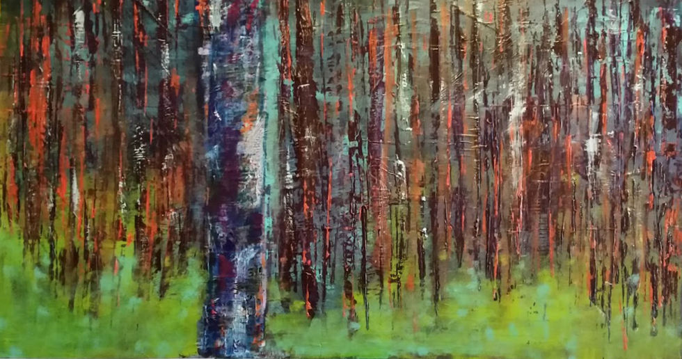 Une multitude de traits verticaux dans les bruns, les oranges, les bleus sur un fond vert sur une fond MDF noir