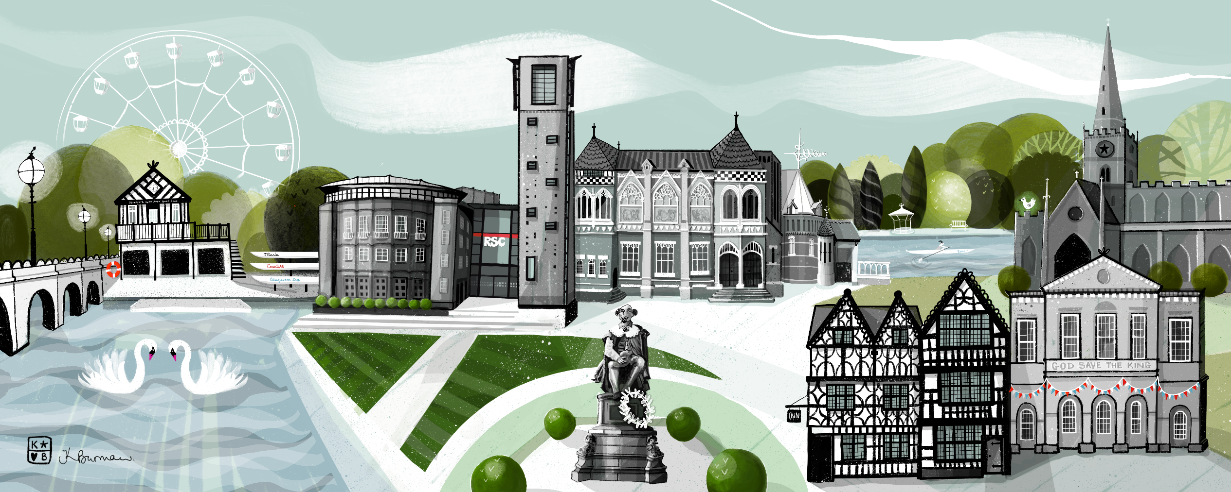 Stratford-upon-Avon illustration by Katie Burman: the RSC, Shakespeare statue, Holy Trinity Church and River Avon
