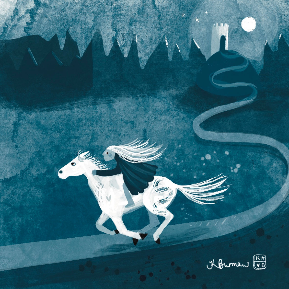 Ride Like The Wind: white horse galloping along a moonlit path, illustration by Katie Burman