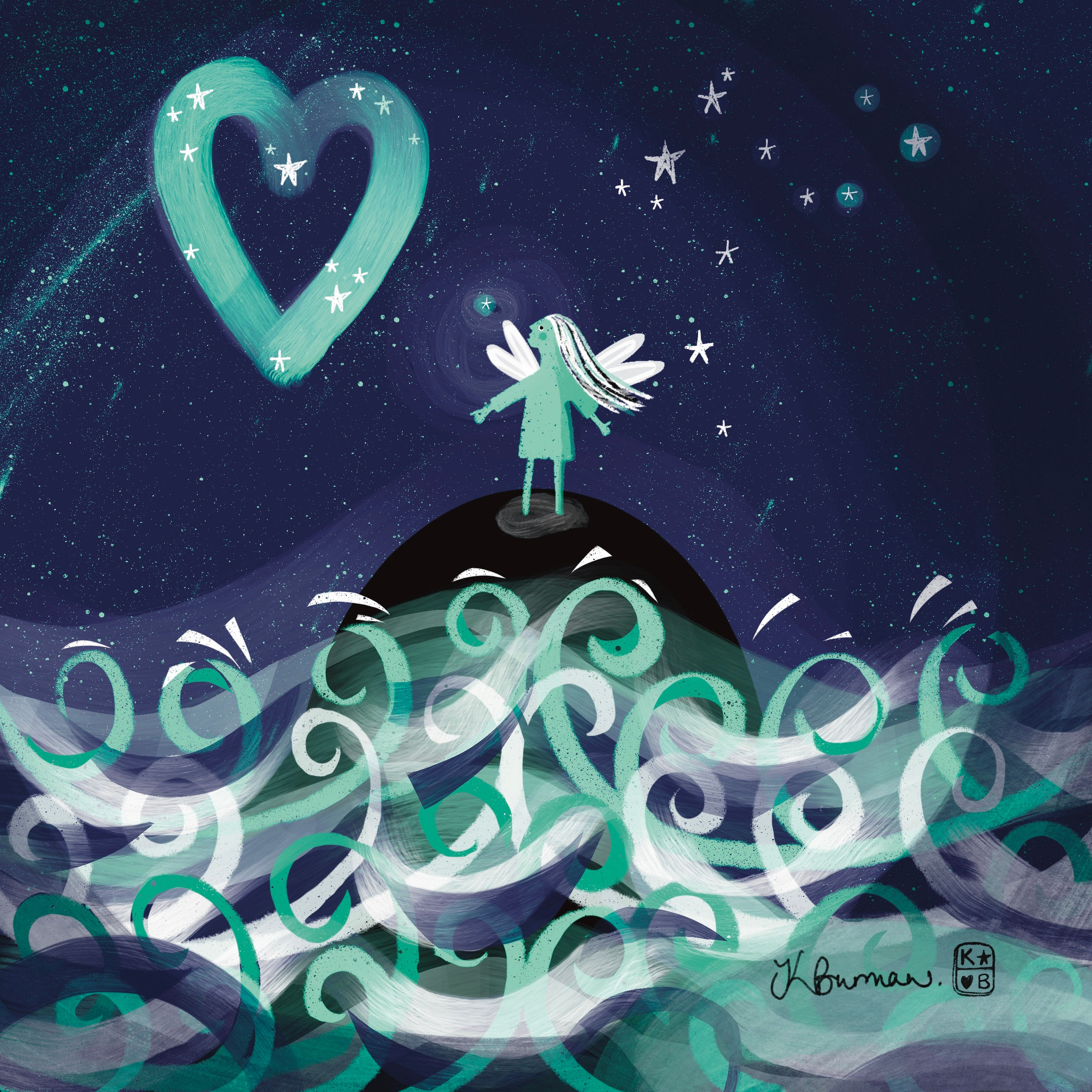 Island Lights: small winged figure on an island beneath a glowing heart and swirling sea, by Katie Burman