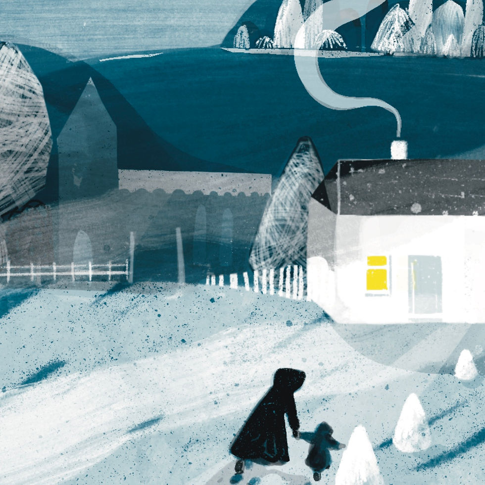 Detail of the snowy cottage and walkers in Katie Burman's Heading Home illustration