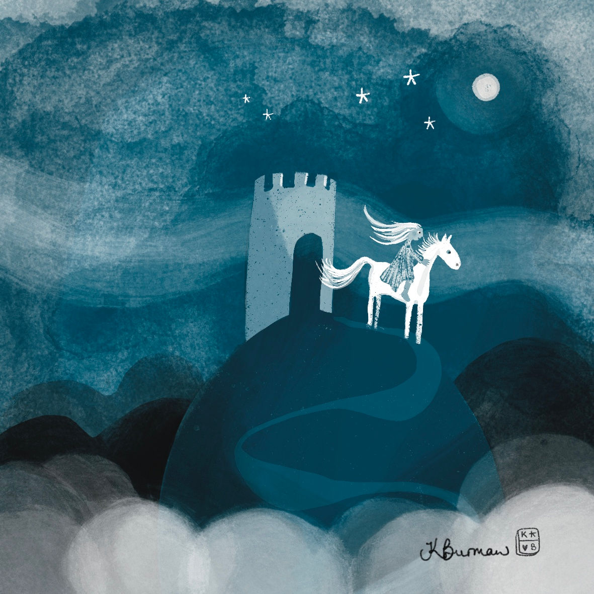 By The Light Of The Moon: white horse beside a tower under a full moon, illustration by Katie Burman